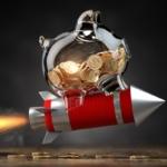 Piggy bank on a flying rocket