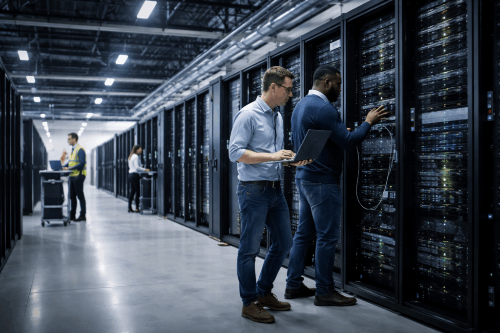 Experts checking Coreweave servers on data center