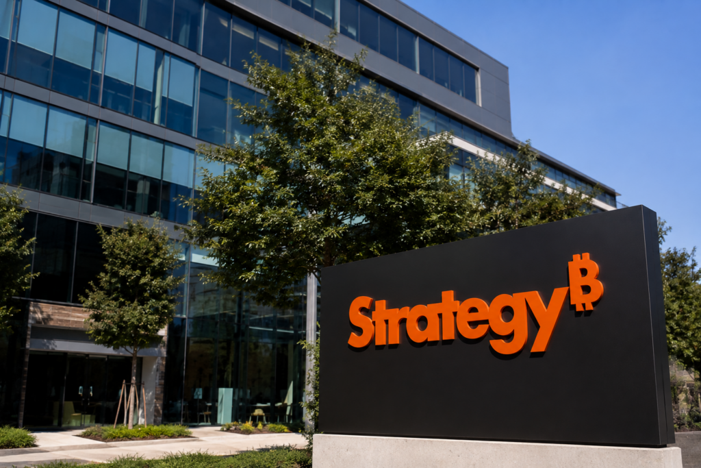Strategy office logo outside its building